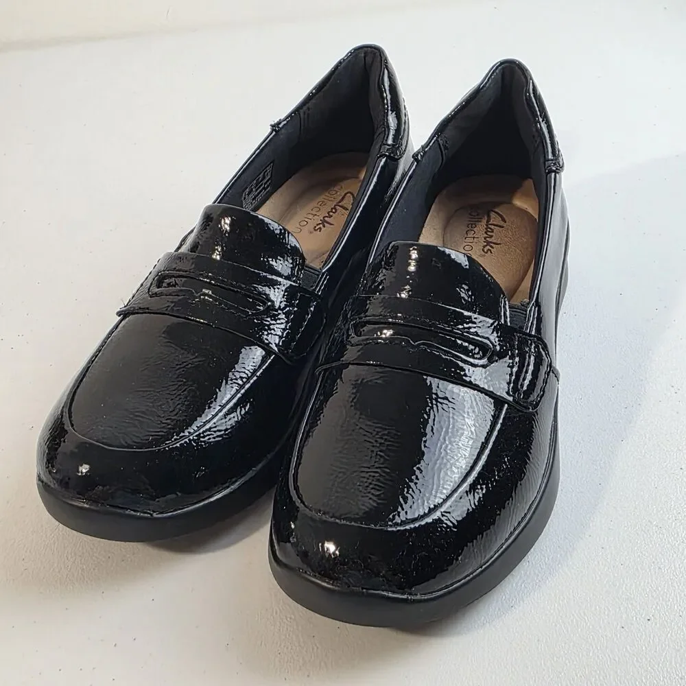 Clarks Originals Womens Ellowyn Penny Black Crinkle Pat Loafers Sz 6.5 M NEW NIB